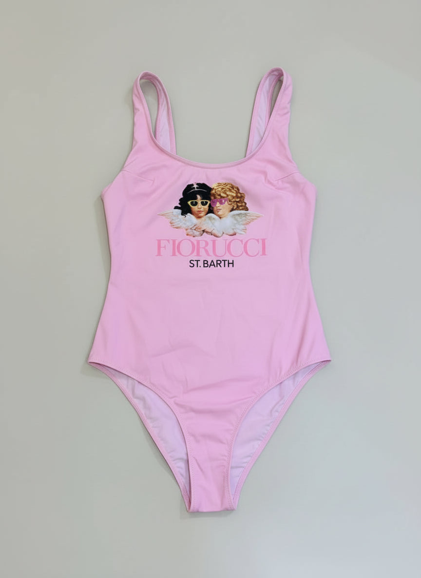 Pink swimsuit with brand logo on a light gray surface