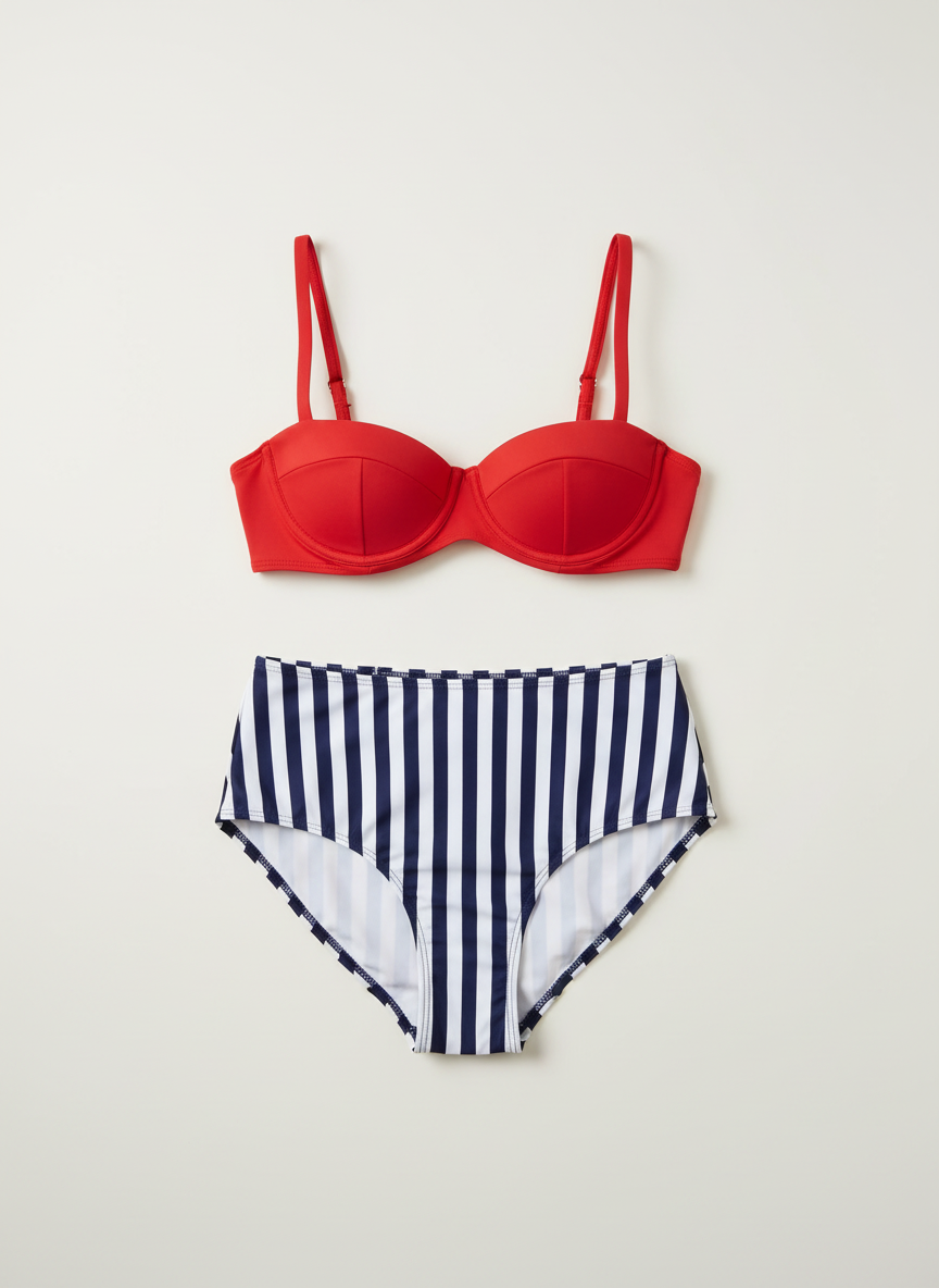 Red bikini top and navy and white striped bottoms on a light gray background