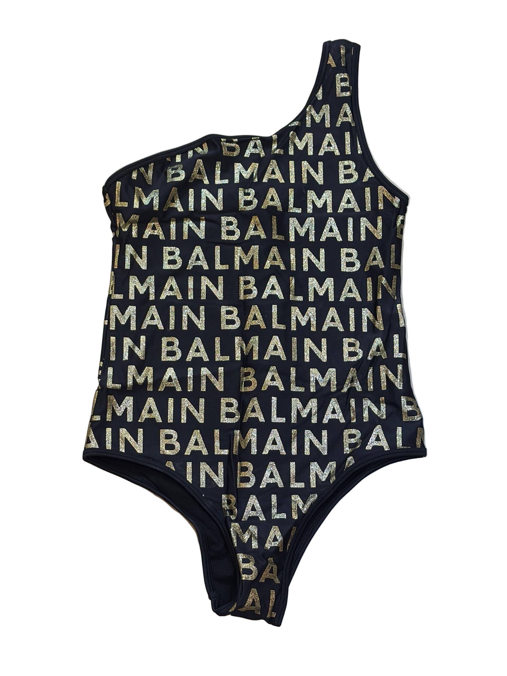 Black swimsuit with Balmain logo on a white background