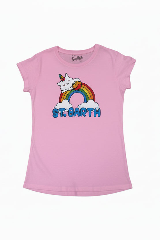 Pink t-shirt with a cartoon cat on a rainbow and 'St. Barth' text, brand 'Gucci Kids' visible.