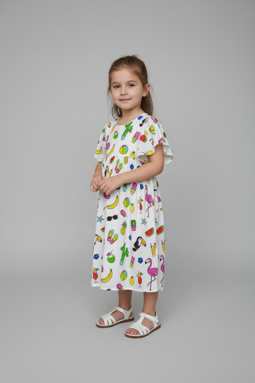 White dress with colorful cartoon pattern on a plain background
