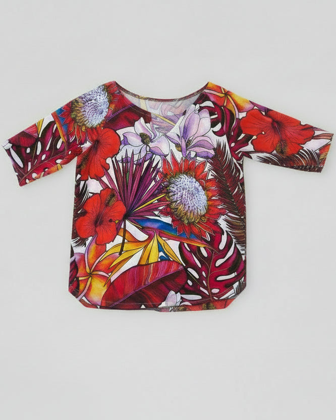 Colorful floral-patterned shirt on a light gray background