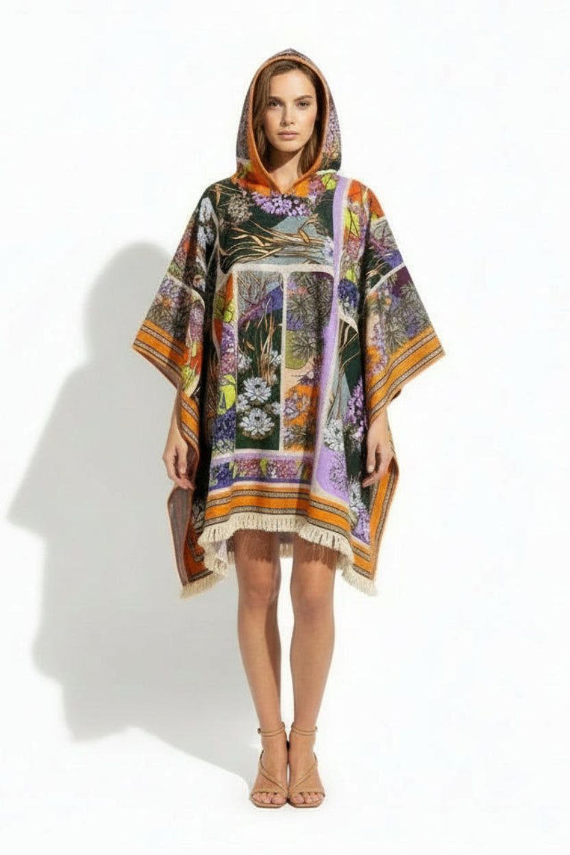Multicolor Delahila Hooded Towel Poncho with Fringe Trim — beach cover-up, absorbent terry fabric, hooded resort wear.