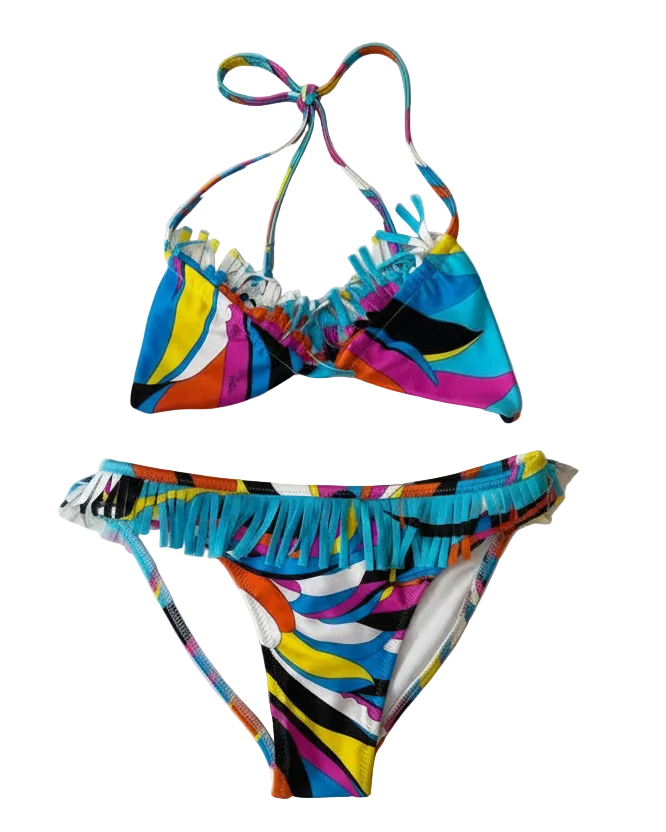 Colorful striped bikini set on a white background