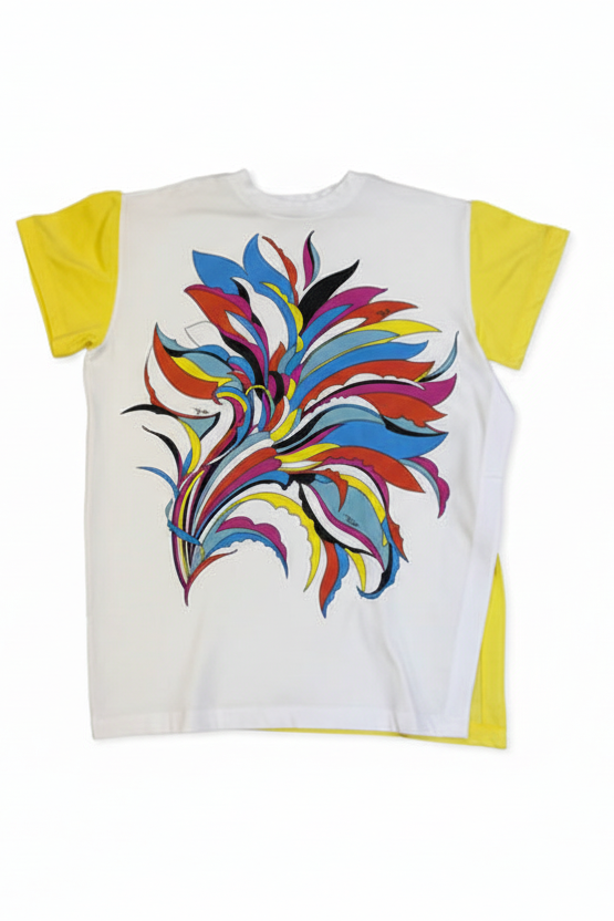 White t-shirt with colorful abstract design on a white background