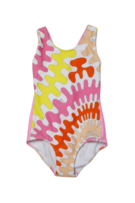 Tie-dye swimsuit with pink, yellow, and orange pattern on a light gray background