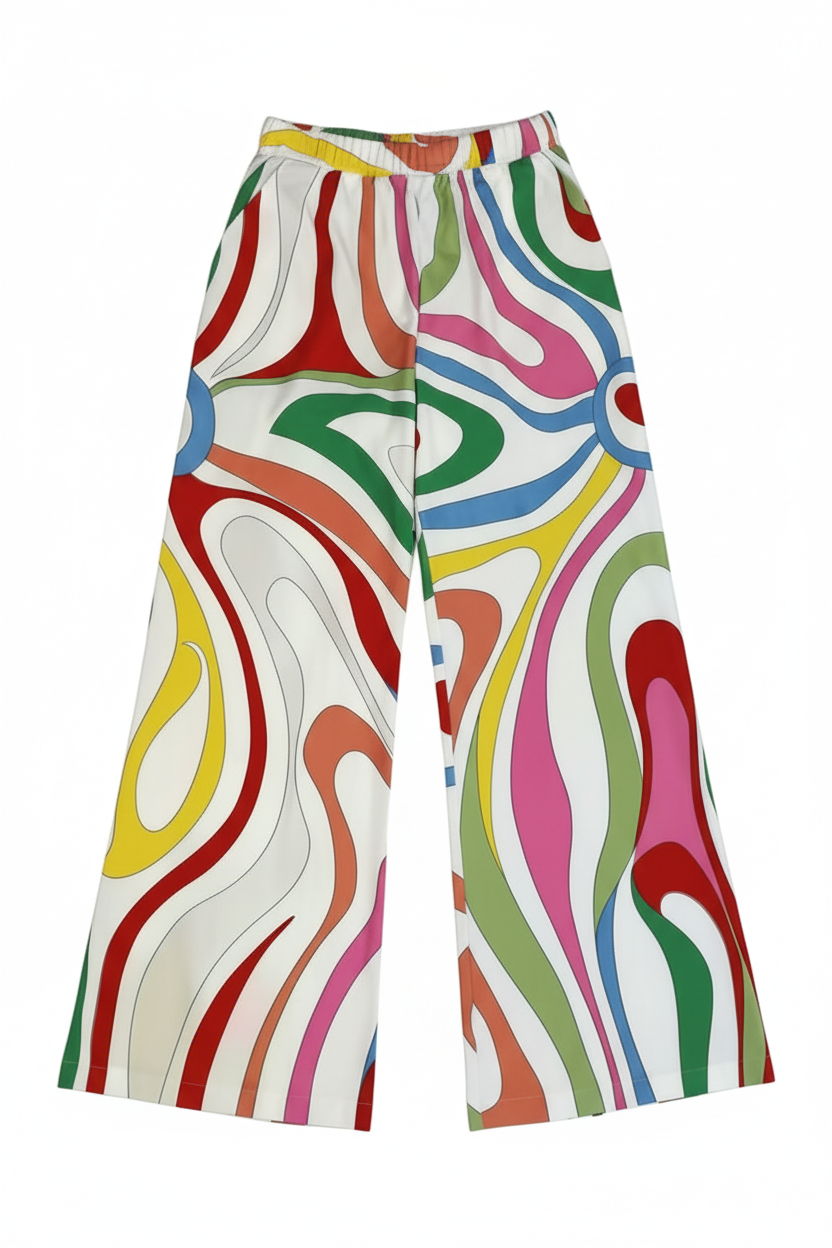 Colorful patterned pants on a light gray background