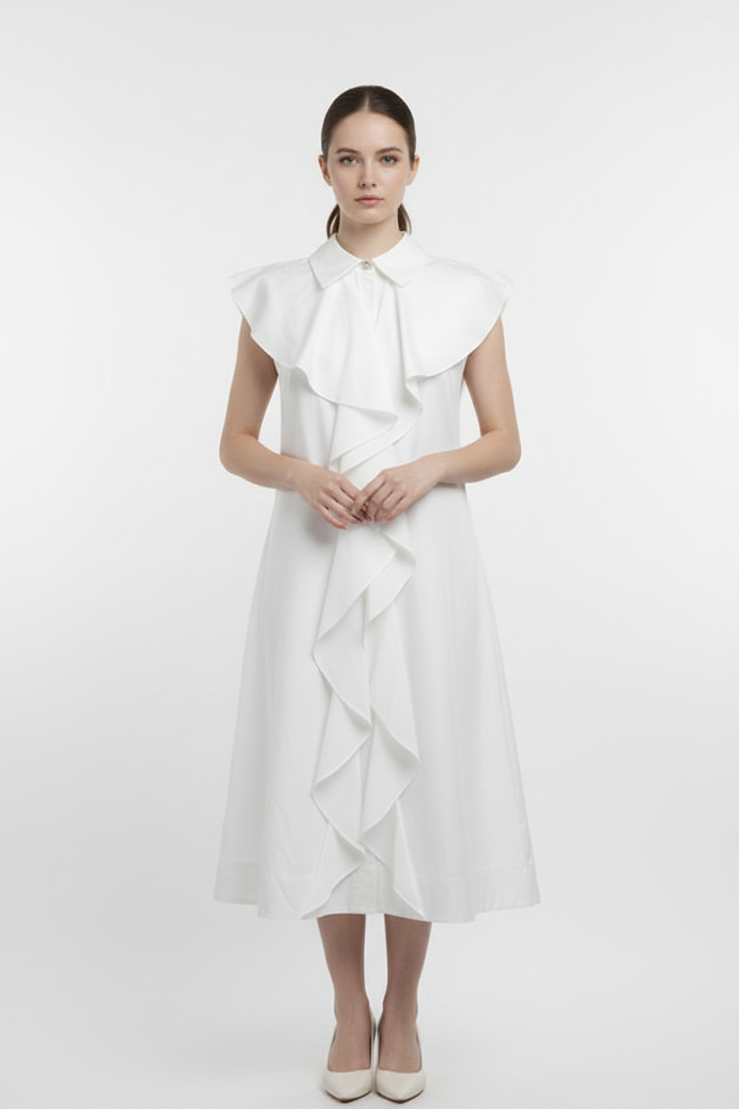 White sleeveless blouse with ruffled collar on a tiled floor