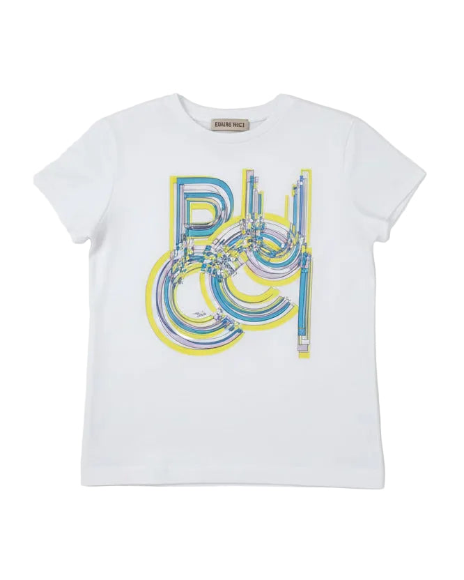 White t-shirt with colorful graphic design on a gray surface