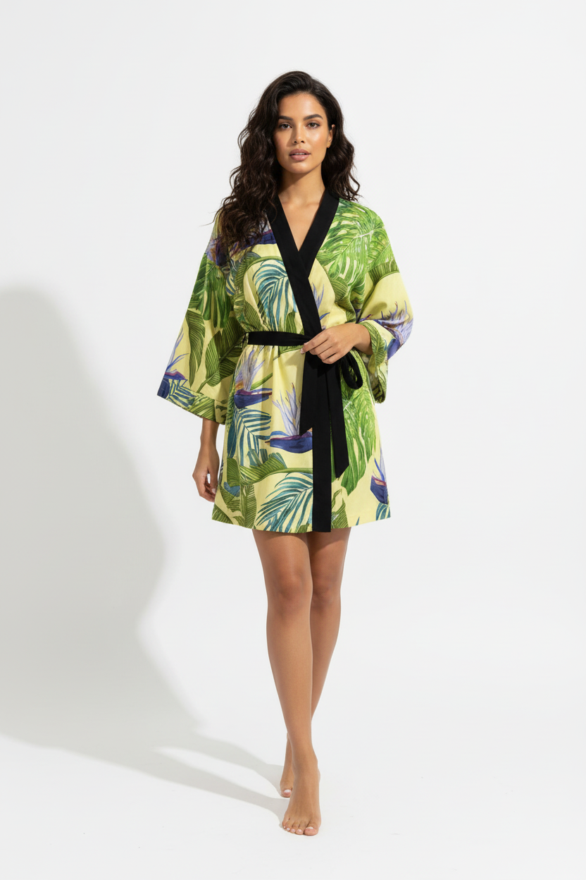 Colorful kimono-style garment with leaf pattern on a beige floor