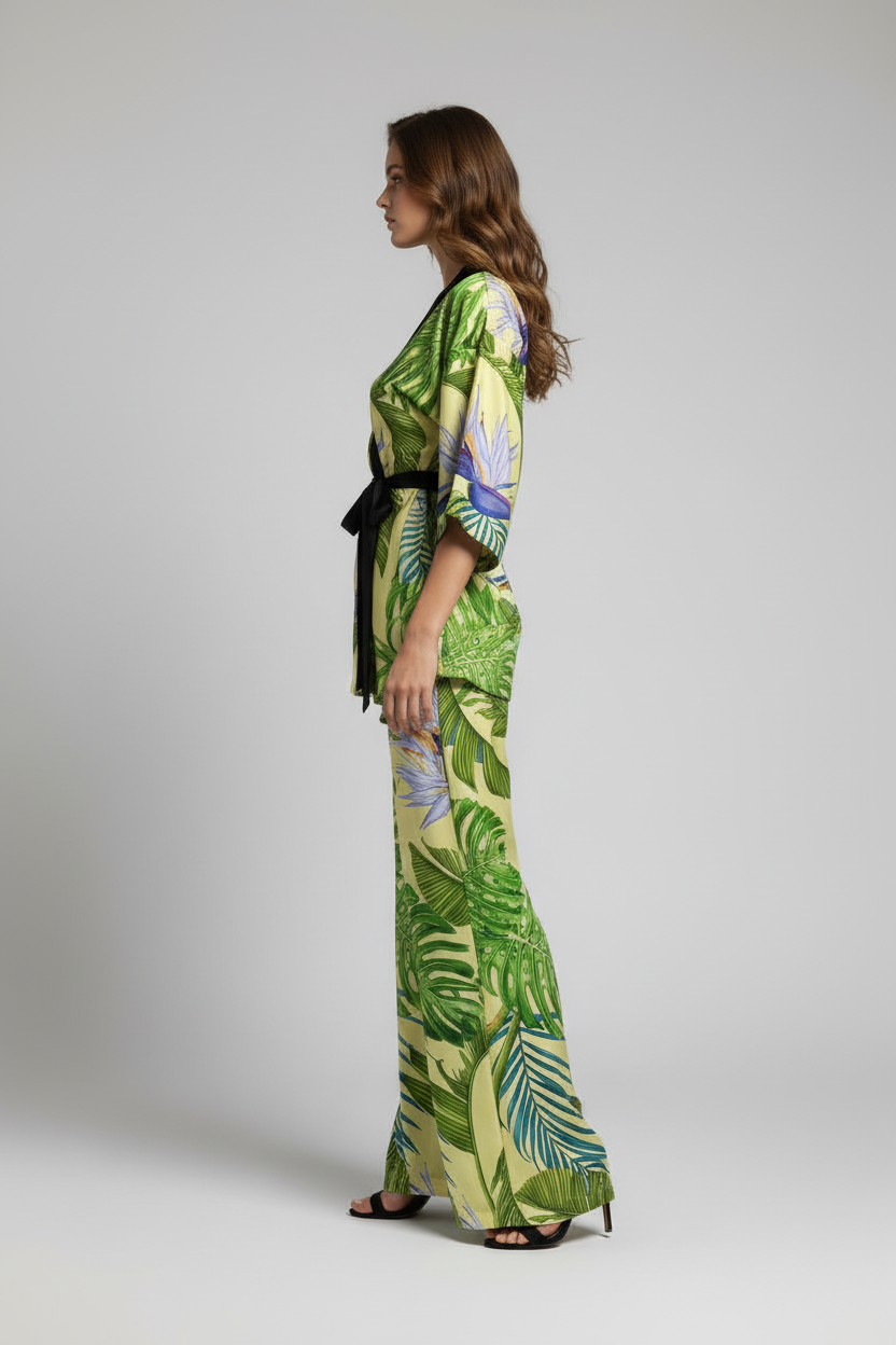 Green leaf-patterned outfit on a beige floor