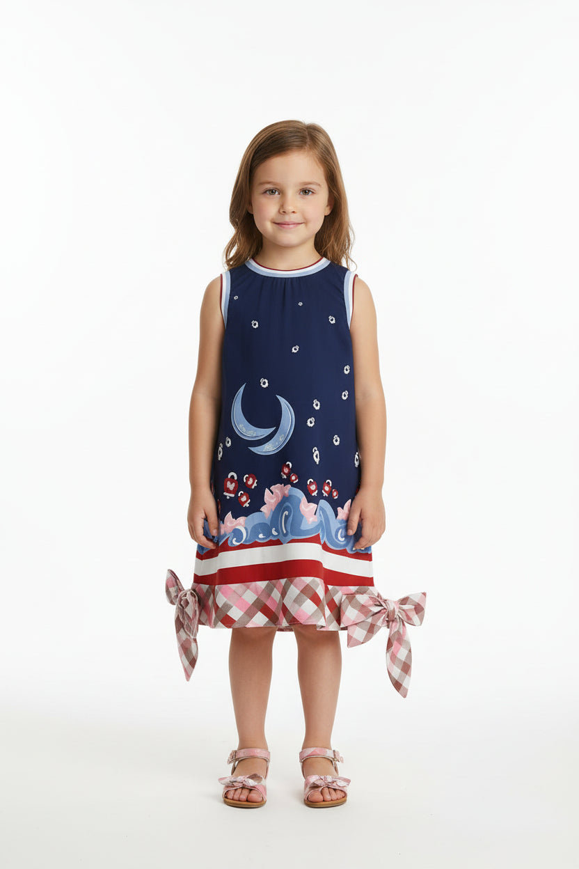 Children's dress with a blue and red pattern on a white background