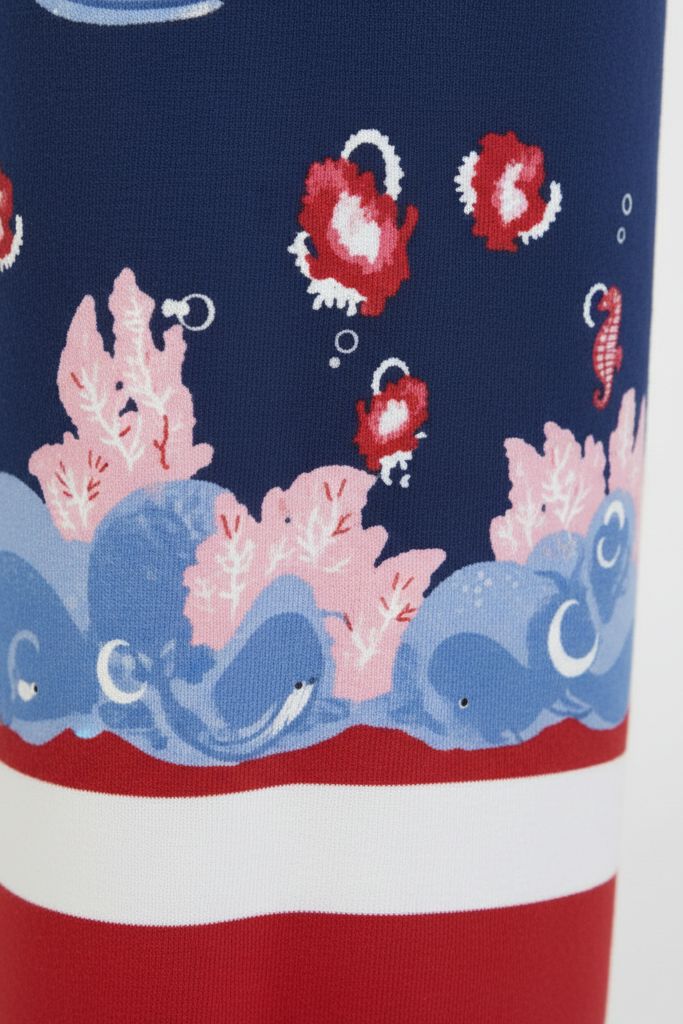 Child wearing a white shirt and red, white, and blue patterned pants on a white background