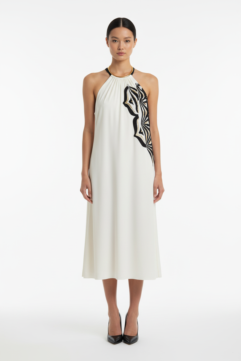 Ritratti Beige-Black Dress with Gold Necklace