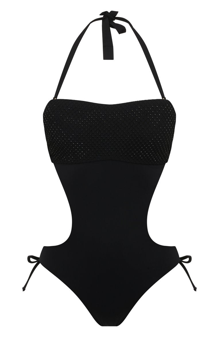 Ritratti One Piece Swimsuit Black Rhinestone Mesh