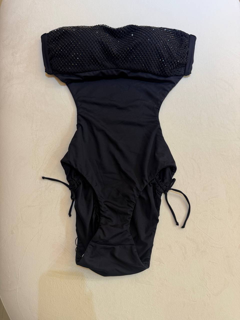 Ritratti One Piece Swimsuit Black Rhinestone Mesh